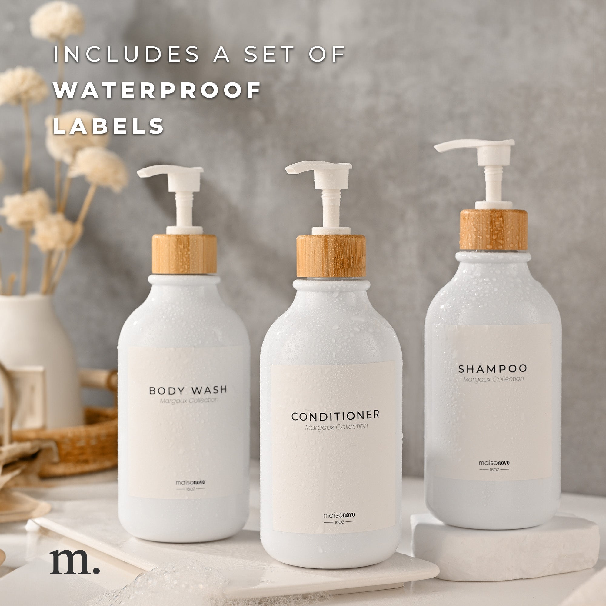 Shower Dispenser White Bottles with Bamboo Pump