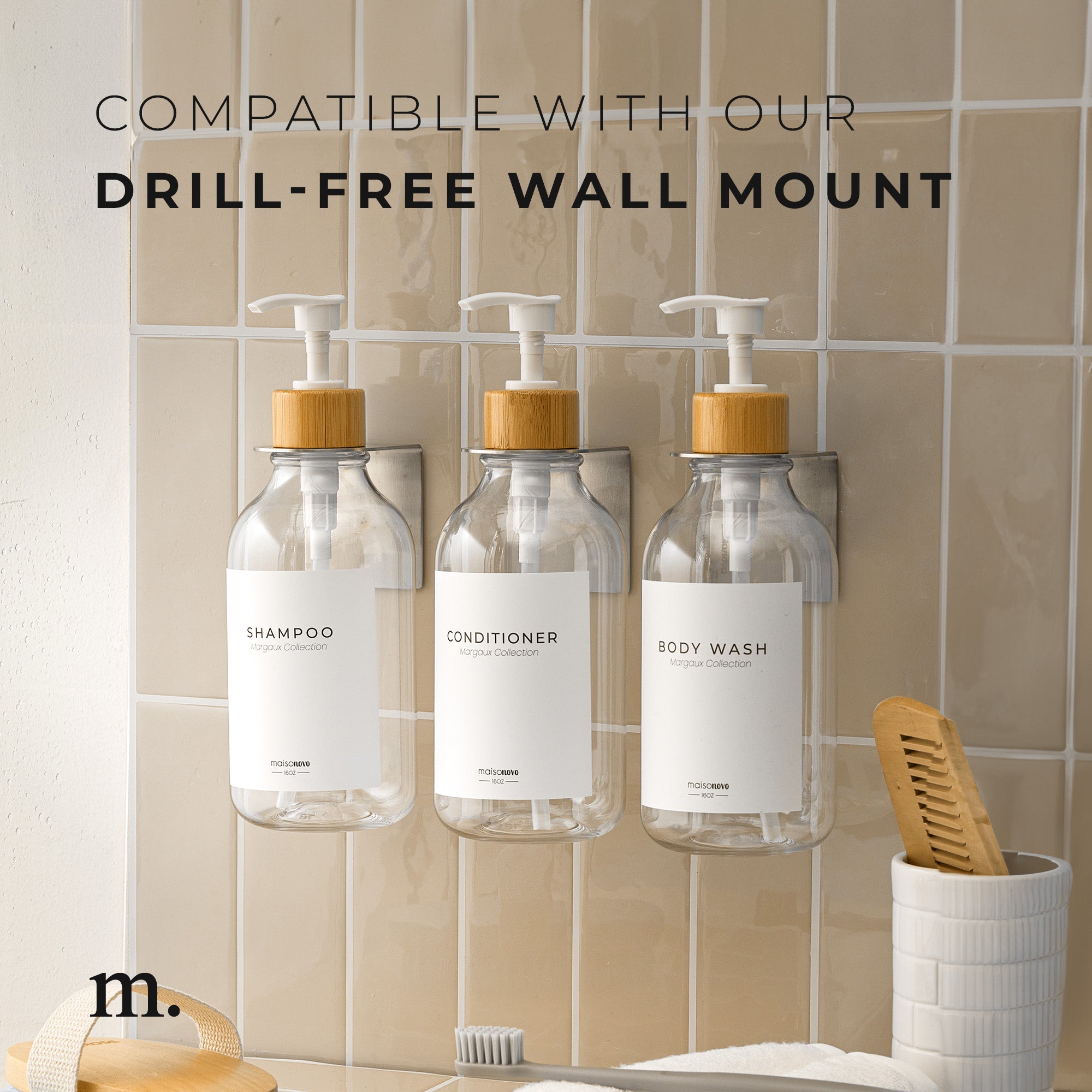 Shower Dispenser Clear Bottles with Bamboo Pump