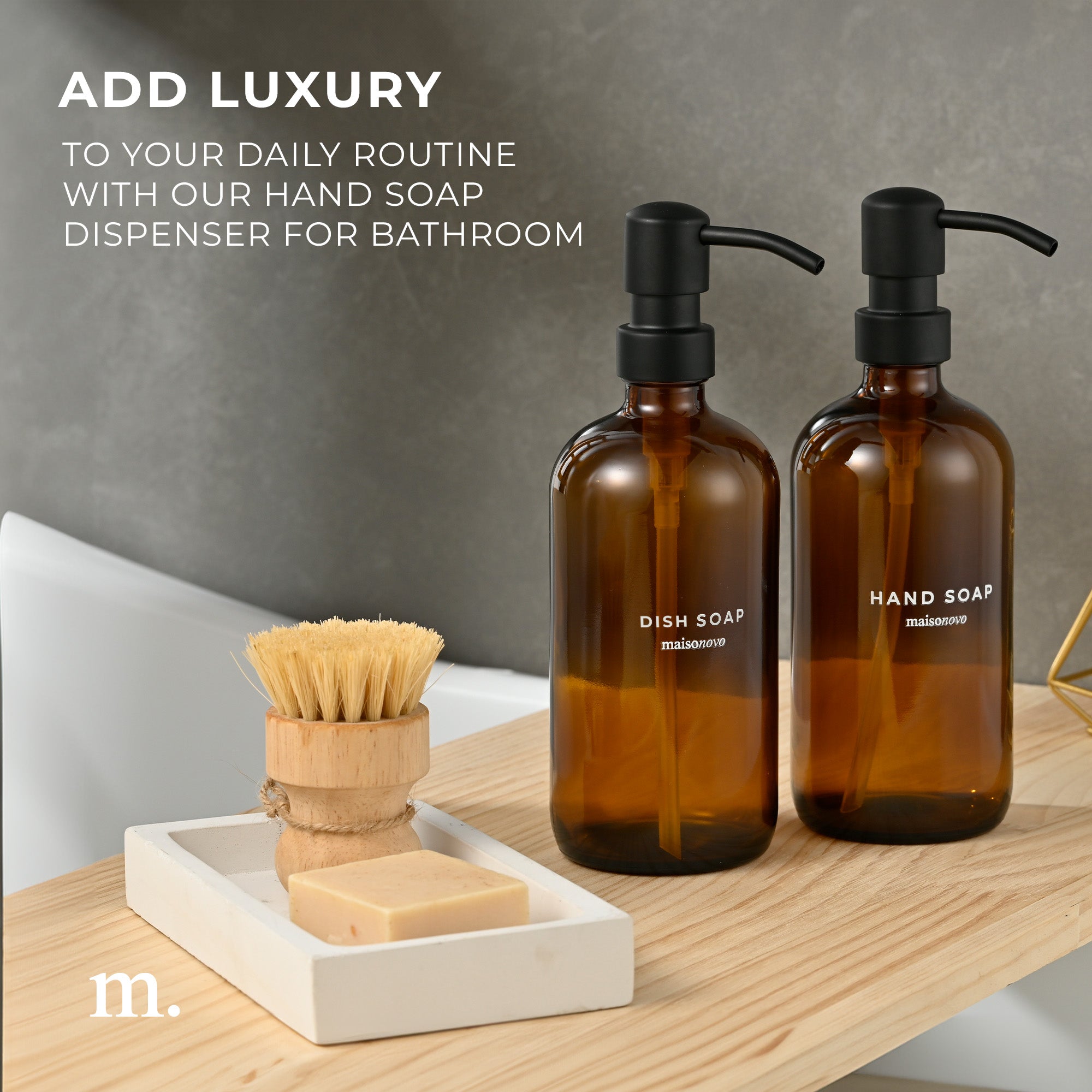Glass Soap Dispensers Amber Set / Black with Tray