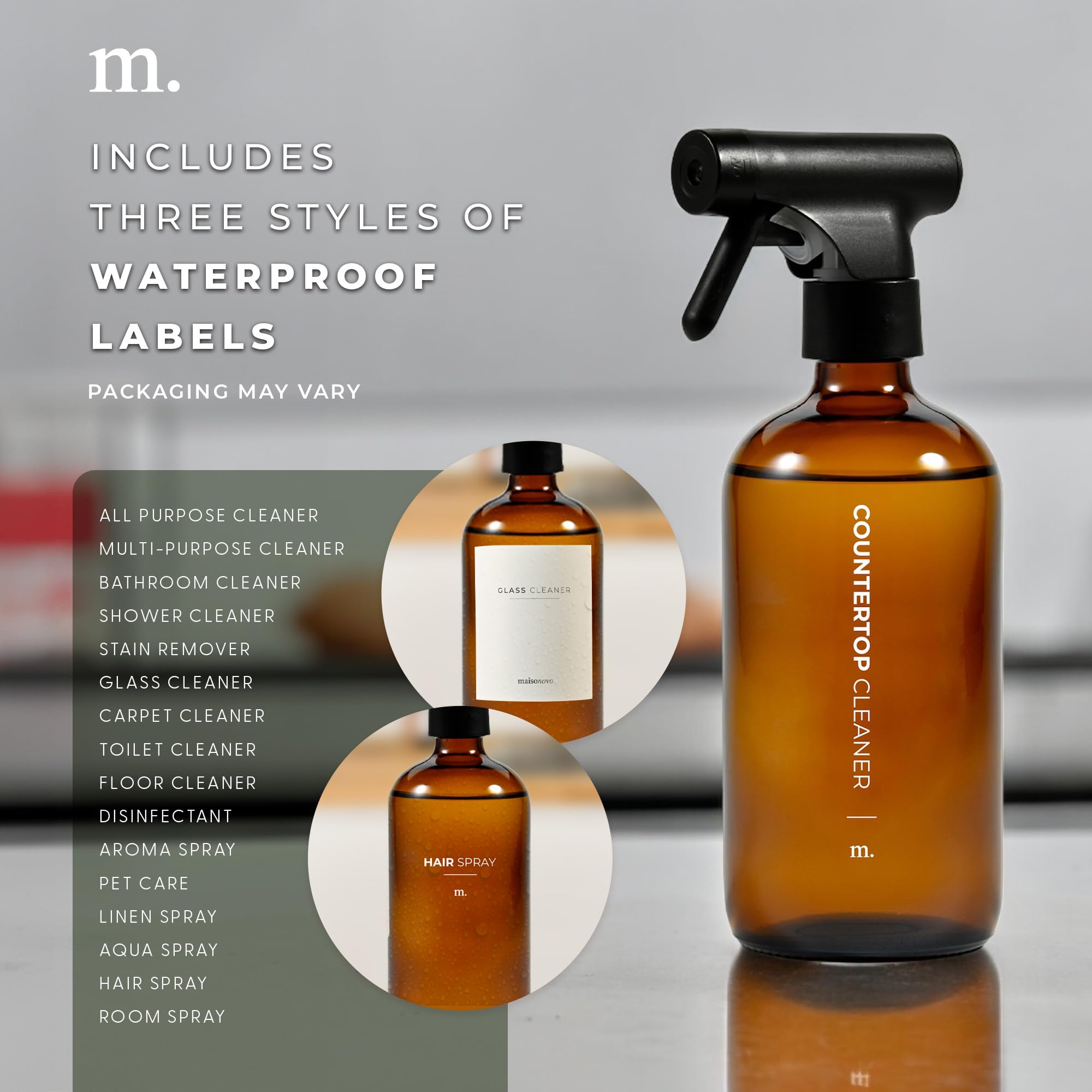 Amber Glass Spray Bottle – 16.9oz (Single) with 16 Reusable Labels