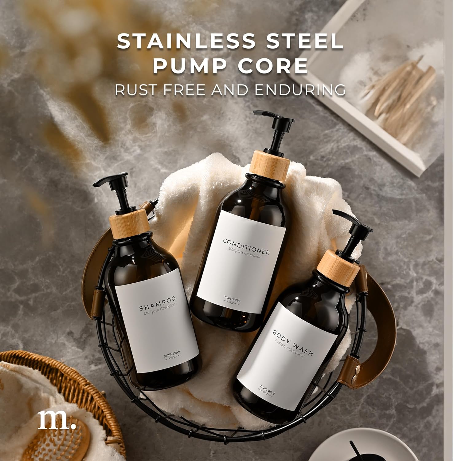 Wood Shower Caddy with Mirror & Complete Amber Bamboo Bathroom Set