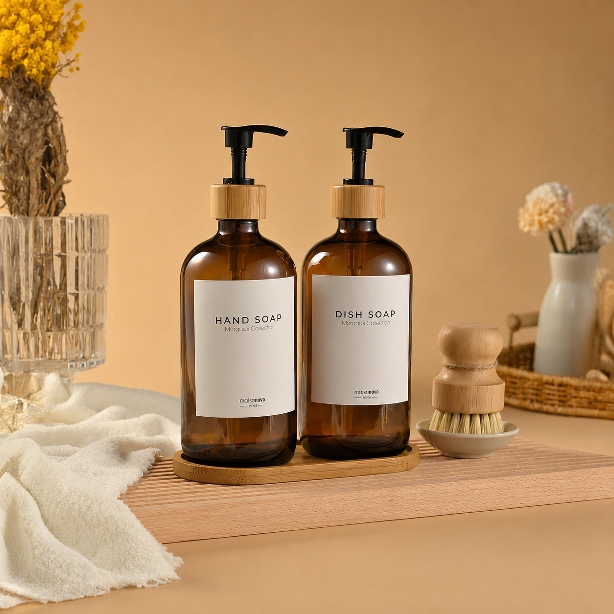 Wood Shower Caddy with Mirror & Complete Amber Bamboo Bathroom Set